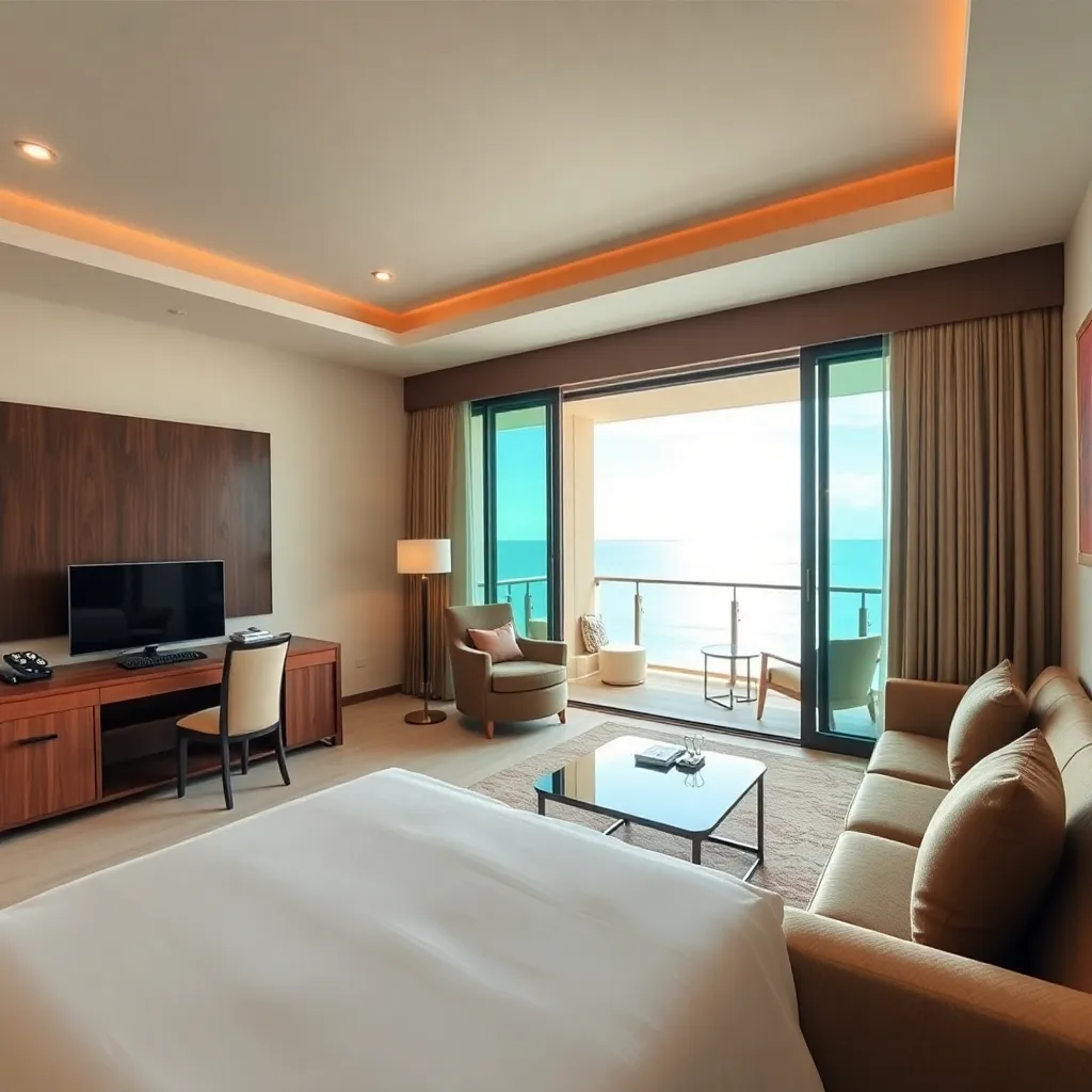 Executive suite with separate living area, workspace, and panoramic ocean views from balcony
